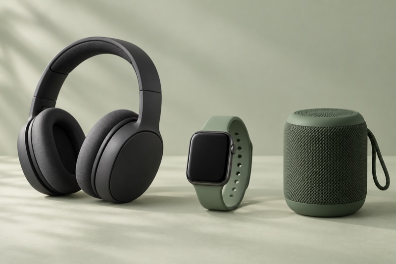 Sample headphones, smartwatch and portable speaker